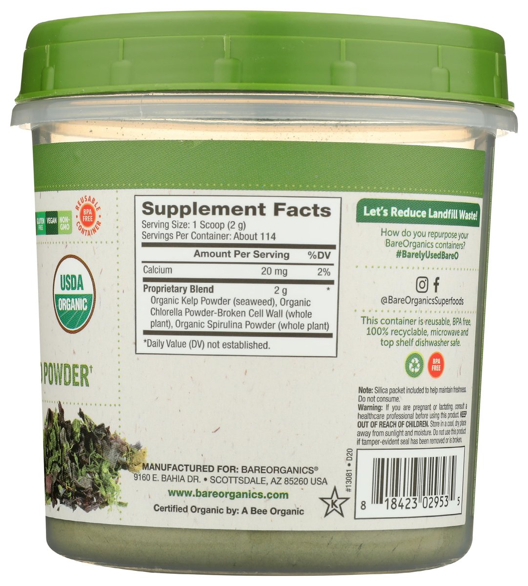 BareOrganics Marine Super Greens Pulver – USDA Bio, Vegan, Glutenfrei, Non-GMO, BPA-frei, Superfood-Pulver mit Bio-Kelp, Spirulina & Chlorella - 227 g