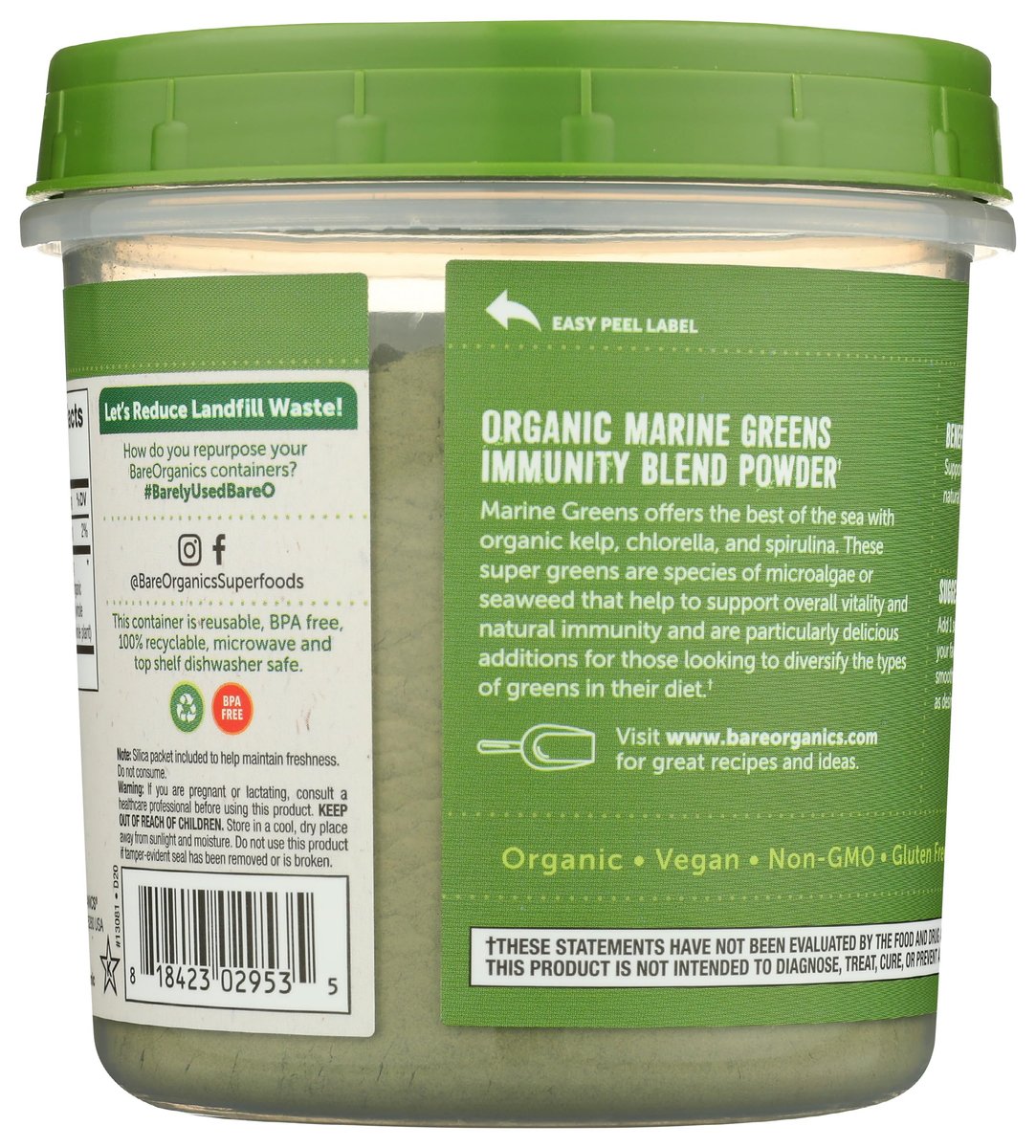 BareOrganics Marine Super Greens Pulver – USDA Bio, Vegan, Glutenfrei, Non-GMO, BPA-frei, Superfood-Pulver mit Bio-Kelp, Spirulina & Chlorella - 227 g