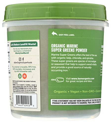 BareOrganics Marine Super Greens Pulver – USDA Bio, Vegan, Glutenfrei, Non-GMO, BPA-frei, Superfood-Pulver mit Bio-Kelp, Spirulina & Chlorella - 227 g