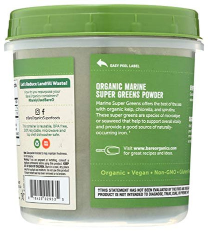 BareOrganics Marine Super Greens Pulver – USDA Bio, Vegan, Glutenfrei, Non-GMO, BPA-frei, Superfood-Pulver mit Bio-Kelp, Spirulina & Chlorella - 227 g