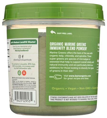 BareOrganics Marine Super Greens Pulver – USDA Bio, Vegan, Glutenfrei, Non-GMO, BPA-frei, Superfood-Pulver mit Bio-Kelp, Spirulina & Chlorella - 227 g