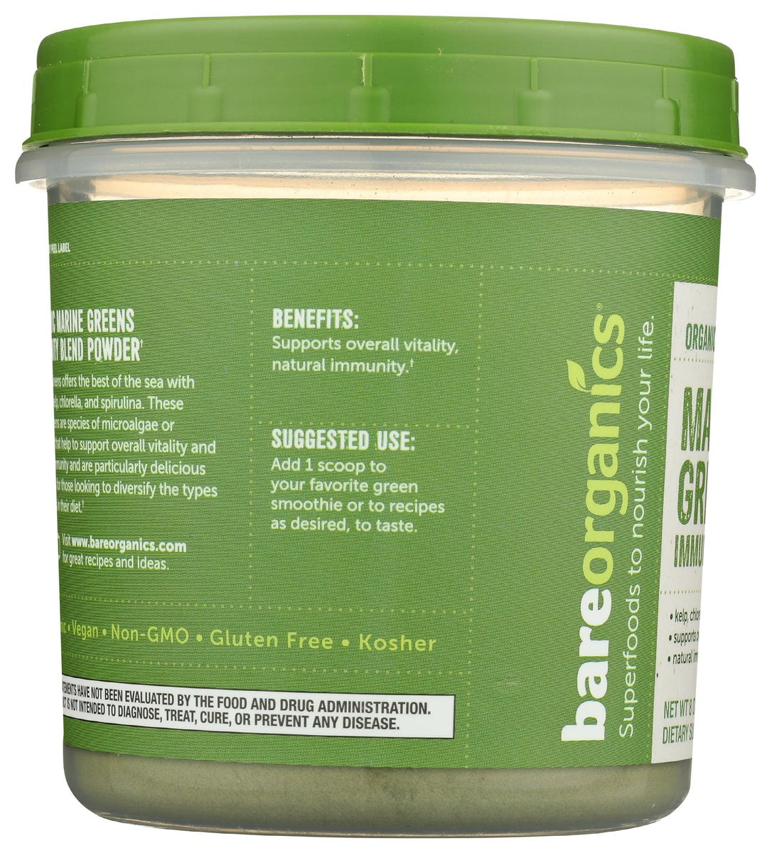 BareOrganics Marine Super Greens Pulver – USDA Bio, Vegan, Glutenfrei, Non-GMO, BPA-frei, Superfood-Pulver mit Bio-Kelp, Spirulina & Chlorella - 227 g