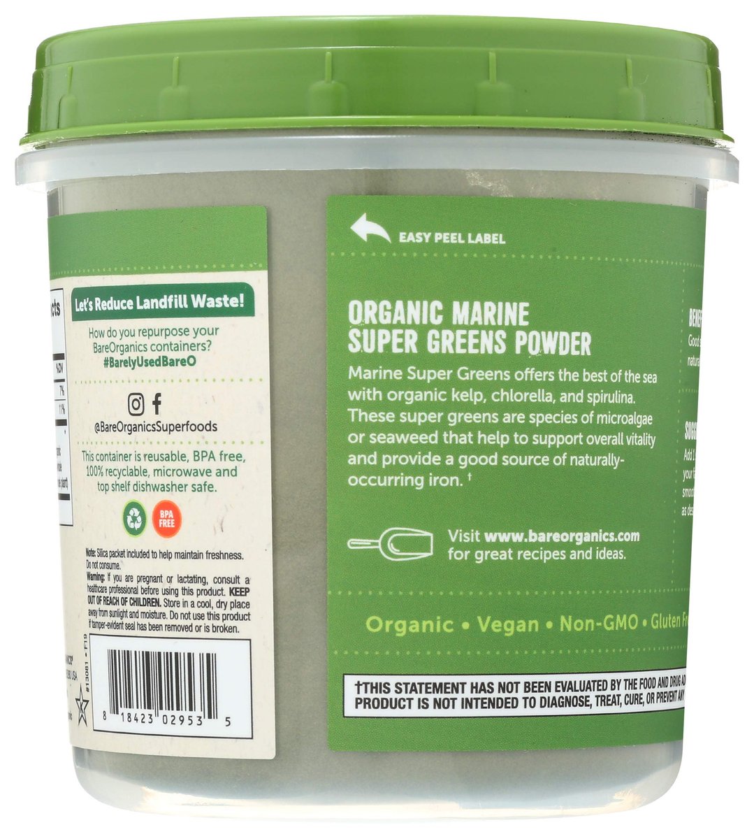 BareOrganics Marine Super Greens Pulver – USDA Bio, Vegan, Glutenfrei, Non-GMO, BPA-frei, Superfood-Pulver mit Bio-Kelp, Spirulina & Chlorella - 227 g