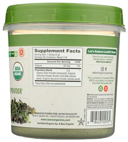 BareOrganics Marine Super Greens Pulver – USDA Bio, Vegan, Glutenfrei, Non-GMO, BPA-frei, Superfood-Pulver mit Bio-Kelp, Spirulina & Chlorella - 227 g