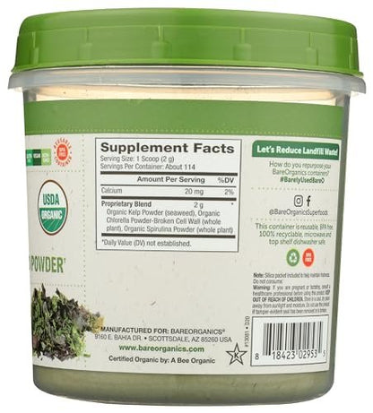 BareOrganics Marine Super Greens Pulver – USDA Bio, Vegan, Glutenfrei, Non-GMO, BPA-frei, Superfood-Pulver mit Bio-Kelp, Spirulina & Chlorella - 227 g
