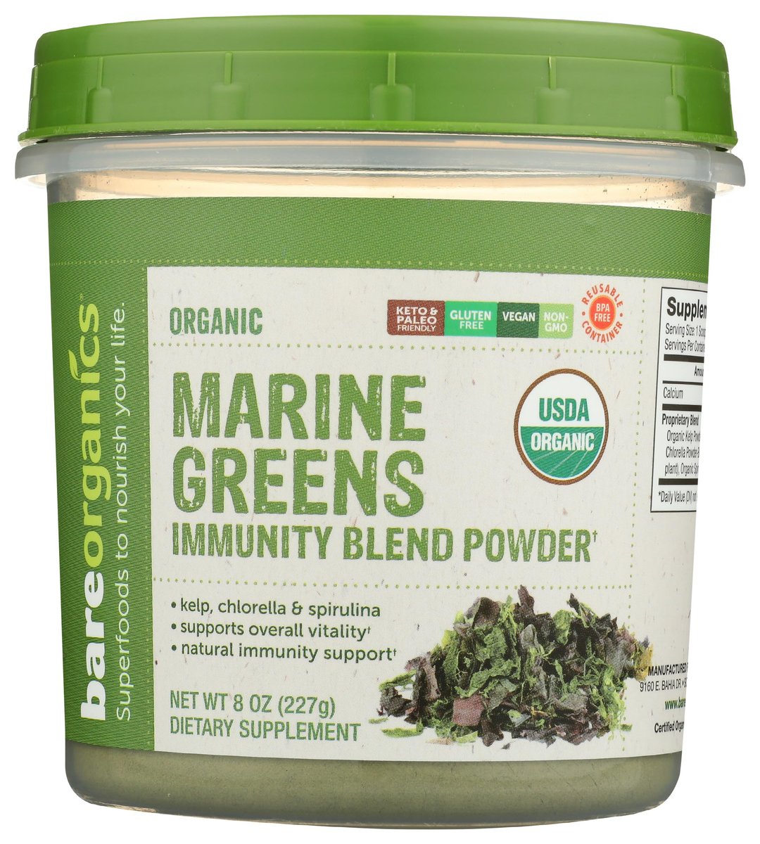 BareOrganics Marine Super Greens Pulver – USDA Bio, Vegan, Glutenfrei, Non-GMO, BPA-frei, Superfood-Pulver mit Bio-Kelp, Spirulina & Chlorella - 227 g