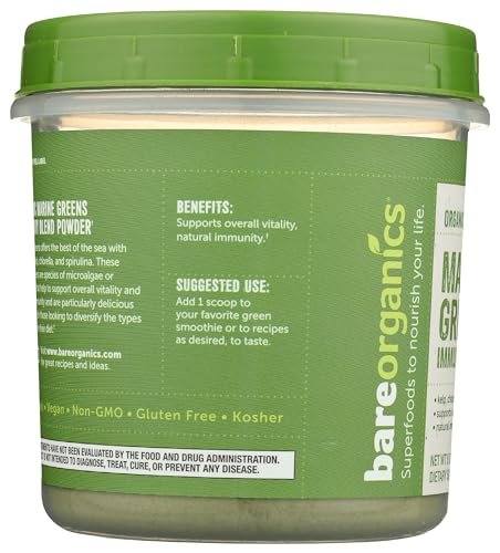 BareOrganics Marine Super Greens Pulver – USDA Bio, Vegan, Glutenfrei, Non-GMO, BPA-frei, Superfood-Pulver mit Bio-Kelp, Spirulina & Chlorella - 227 g