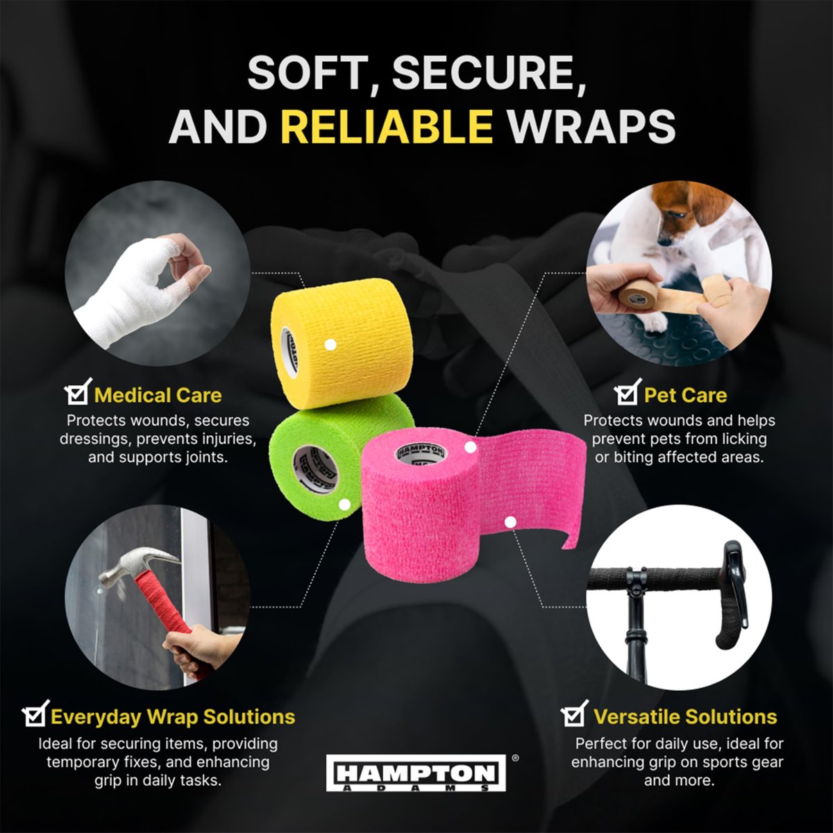 Hampton Adams Selbstklebender Verband (14er-Pack) | 15ft | Haustiersicher | Atmungsaktive elastische Kohäsionsbandage für Sportverletzungen (Regenbogen-Mix)