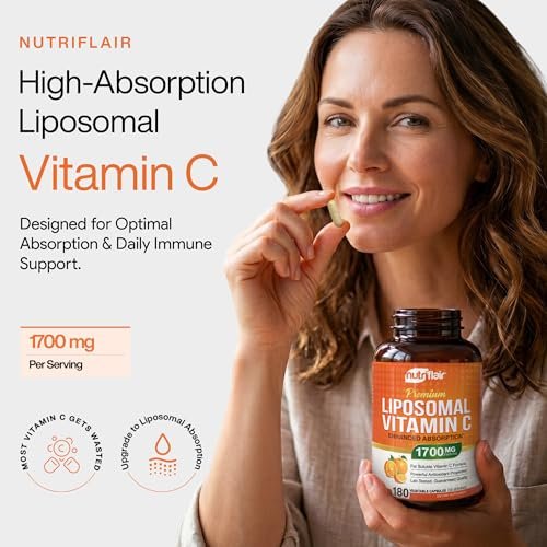 NutriFlair Liposomales Vitamin C 1700mg, 180 Kapseln – Hochdosiert, Fettlöslich, Hohe Bioverfügbarkeit, Immunsystem-Unterstützung & Kollagen-Booster, Non-GMO, Vegan