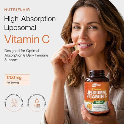 NutriFlair Liposomales Vitamin C 1700mg, 180 Kapseln – Hochdosiert, Fettlöslich, Hohe Bioverfügbarkeit, Immunsystem-Unterstützung & Kollagen-Booster, Non-GMO, Vegan