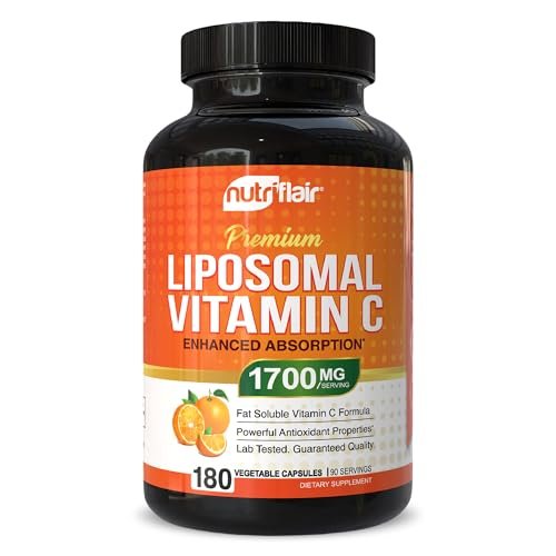 NutriFlair Liposomales Vitamin C 1700mg, 180 Kapseln – Hochdosiert, Fettlöslich, Hohe Bioverfügbarkeit, Immunsystem-Unterstützung & Kollagen-Booster, Non-GMO, Vegan