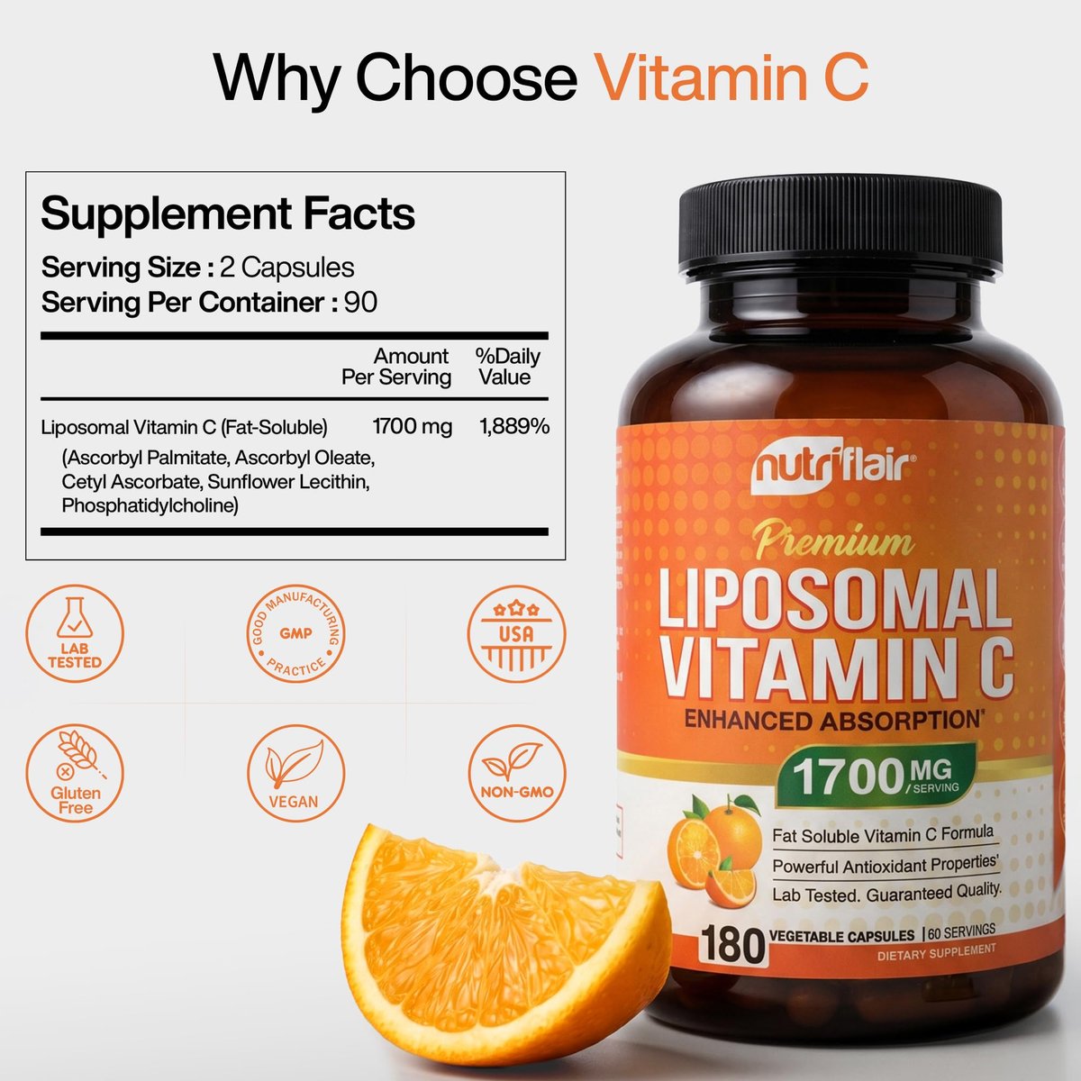 NutriFlair Liposomales Vitamin C 1700mg, 180 Kapseln – Hochdosiert, Fettlöslich, Hohe Bioverfügbarkeit, Immunsystem-Unterstützung & Kollagen-Booster, Non-GMO, Vegan