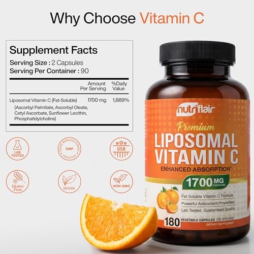 NutriFlair Liposomales Vitamin C 1700mg, 180 Kapseln – Hochdosiert, Fettlöslich, Hohe Bioverfügbarkeit, Immunsystem-Unterstützung & Kollagen-Booster, Non-GMO, Vegan