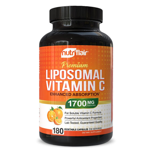 NutriFlair Liposomales Vitamin C 1700mg, 180 Kapseln – Hochdosiert, Fettlöslich, Hohe Bioverfügbarkeit, Immunsystem-Unterstützung & Kollagen-Booster, Non-GMO, Vegan
