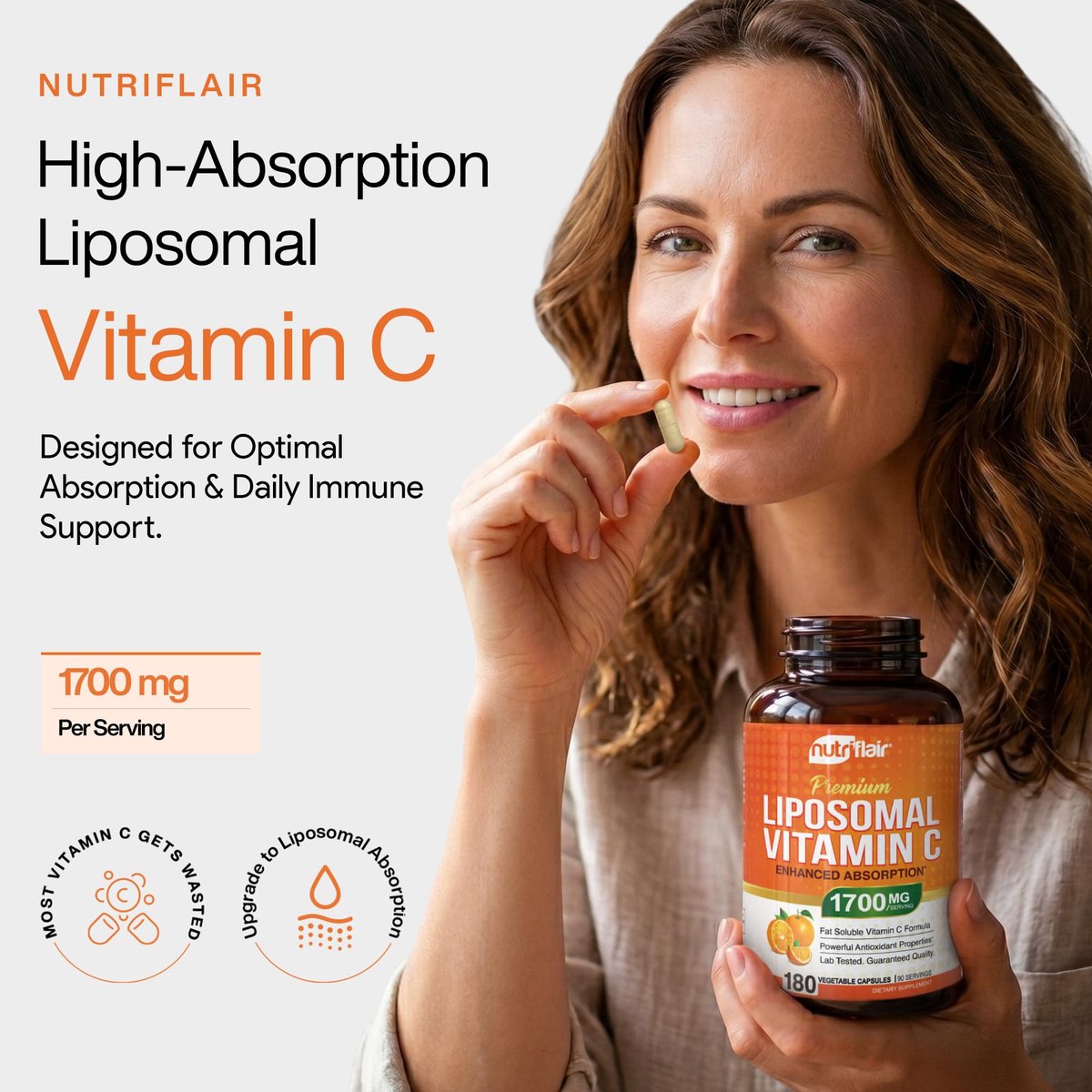 NutriFlair Liposomales Vitamin C 1700mg, 180 Kapseln – Hochdosiert, Fettlöslich, Hohe Bioverfügbarkeit, Immunsystem-Unterstützung & Kollagen-Booster, Non-GMO, Vegan