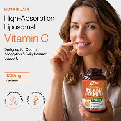 NutriFlair Liposomales Vitamin C 1700mg, 180 Kapseln – Hochdosiert, Fettlöslich, Hohe Bioverfügbarkeit, Immunsystem-Unterstützung & Kollagen-Booster, Non-GMO, Vegan