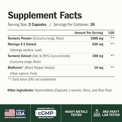 Moringa Kapseln – 3-in-1 Kurkuma Moringa Nahrungsergänzung mit BioPerin (Schwarzer Pfeffer Extrakt) für maximale Aufnahme – Hochwirksamer 4:1 Moringa Oleifera Extrakt + Kurkuma für Energie & Gelenkunterstützung – 60 Kapseln
