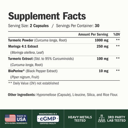 Moringa Kapseln – 3-in-1 Kurkuma Moringa Nahrungsergänzung mit BioPerin (Schwarzer Pfeffer Extrakt) für maximale Aufnahme – Hochwirksamer 4:1 Moringa Oleifera Extrakt + Kurkuma für Energie & Gelenkunterstützung – 60 Kapseln