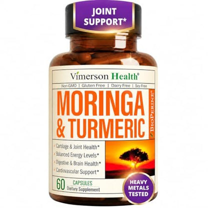 Moringa Kapseln – 3-in-1 Kurkuma Moringa Nahrungsergänzung mit BioPerin (Schwarzer Pfeffer Extrakt) für maximale Aufnahme – Hochwirksamer 4:1 Moringa Oleifera Extrakt + Kurkuma für Energie & Gelenkunterstützung – 60 Kapseln