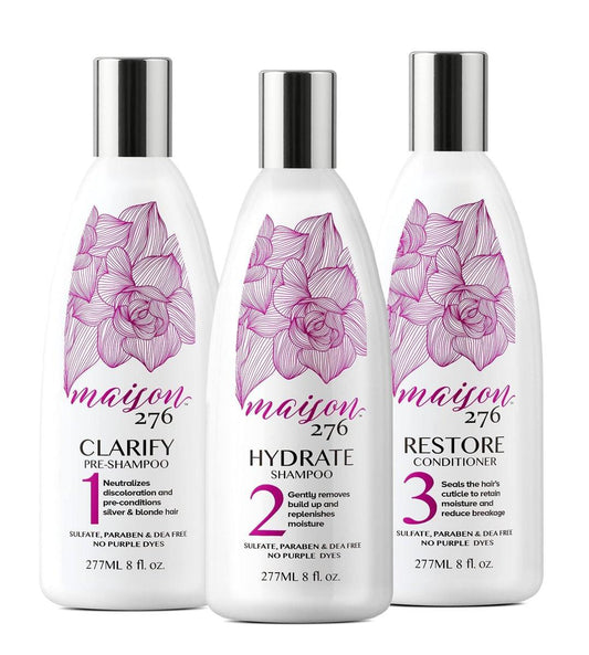 Maison 276 3-Stufen-System für silbernes, graues und blondes Haar: Vor-Shampoo, Shampoo und Conditioner – Keine violetten Farbstoffe, neutralisiert Gelbstich, sulfatfrei, 3x 240 ml