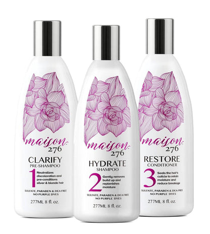 Maison 276 3-Stufen-System für silbernes, graues und blondes Haar: Vor-Shampoo, Shampoo und Conditioner – Keine violetten Farbstoffe, neutralisiert Gelbstich, sulfatfrei, 3x 240 ml