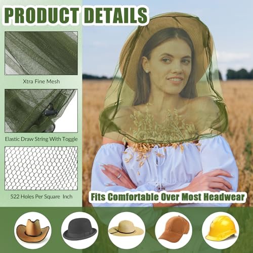 HESTYA 4er-Pack Moskitonetz für den Kopf – Insektenschutz-Netzhaube für Outdoor-Aktivitäten (Army Green)