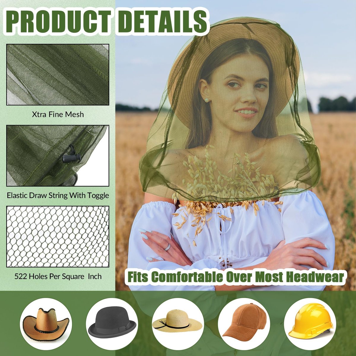 HESTYA 4er-Pack Moskitonetz für den Kopf – Insektenschutz-Netzhaube für Outdoor-Aktivitäten (Army Green)