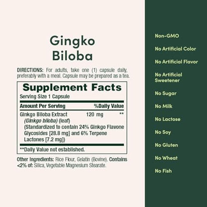 Nature's Bounty Ginkgo Biloba Standardisierter Extrakt 120 mg, Kräuterergänzung, 100 Kapseln, 2er-Pack