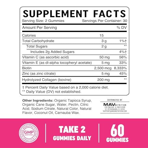 Kollagen-Gummibärchen für Frauen | 200 mg hydrolysiertes Kollagen + 2500 mcg Biotin, mit Vitamin C, E & Zink | Anti-Aging, Haarwuchs, Haut, starke Nägel | Nicht-GVO Gummivitaminpräparate | 60 Stück