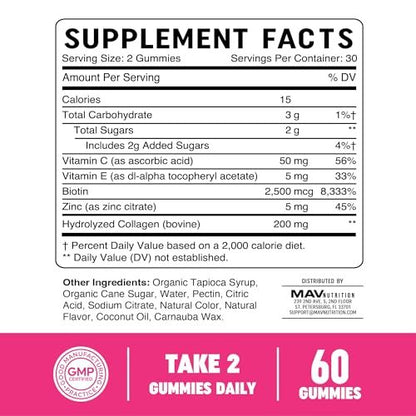 Kollagen-Gummibärchen für Frauen | 200 mg hydrolysiertes Kollagen + 2500 mcg Biotin, mit Vitamin C, E & Zink | Anti-Aging, Haarwuchs, Haut, starke Nägel | Nicht-GVO Gummivitaminpräparate | 60 Stück