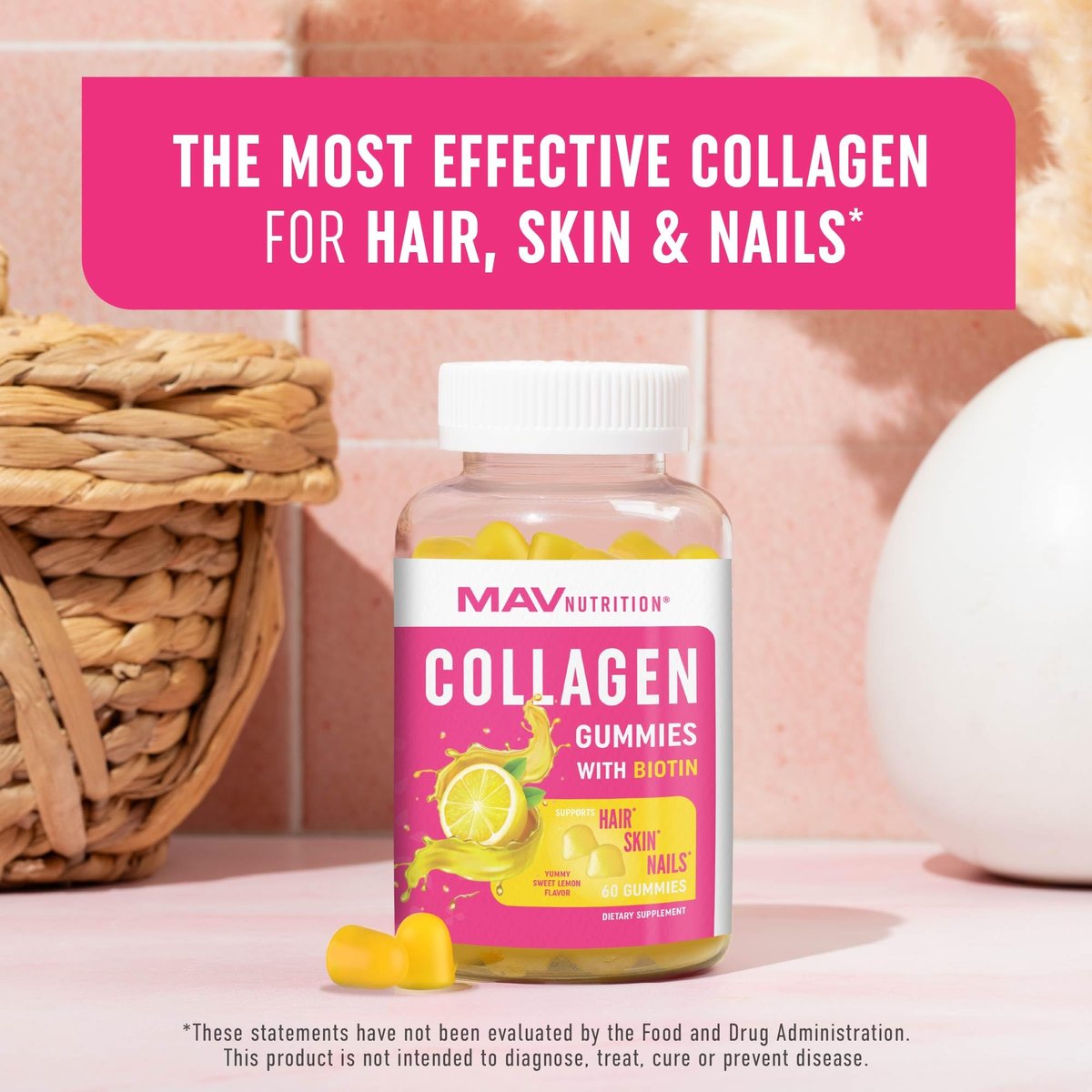 Kollagen-Gummibärchen für Frauen | 200 mg hydrolysiertes Kollagen + 2500 mcg Biotin, mit Vitamin C, E & Zink | Anti-Aging, Haarwuchs, Haut, starke Nägel | Nicht-GVO Gummivitaminpräparate | 60 Stück