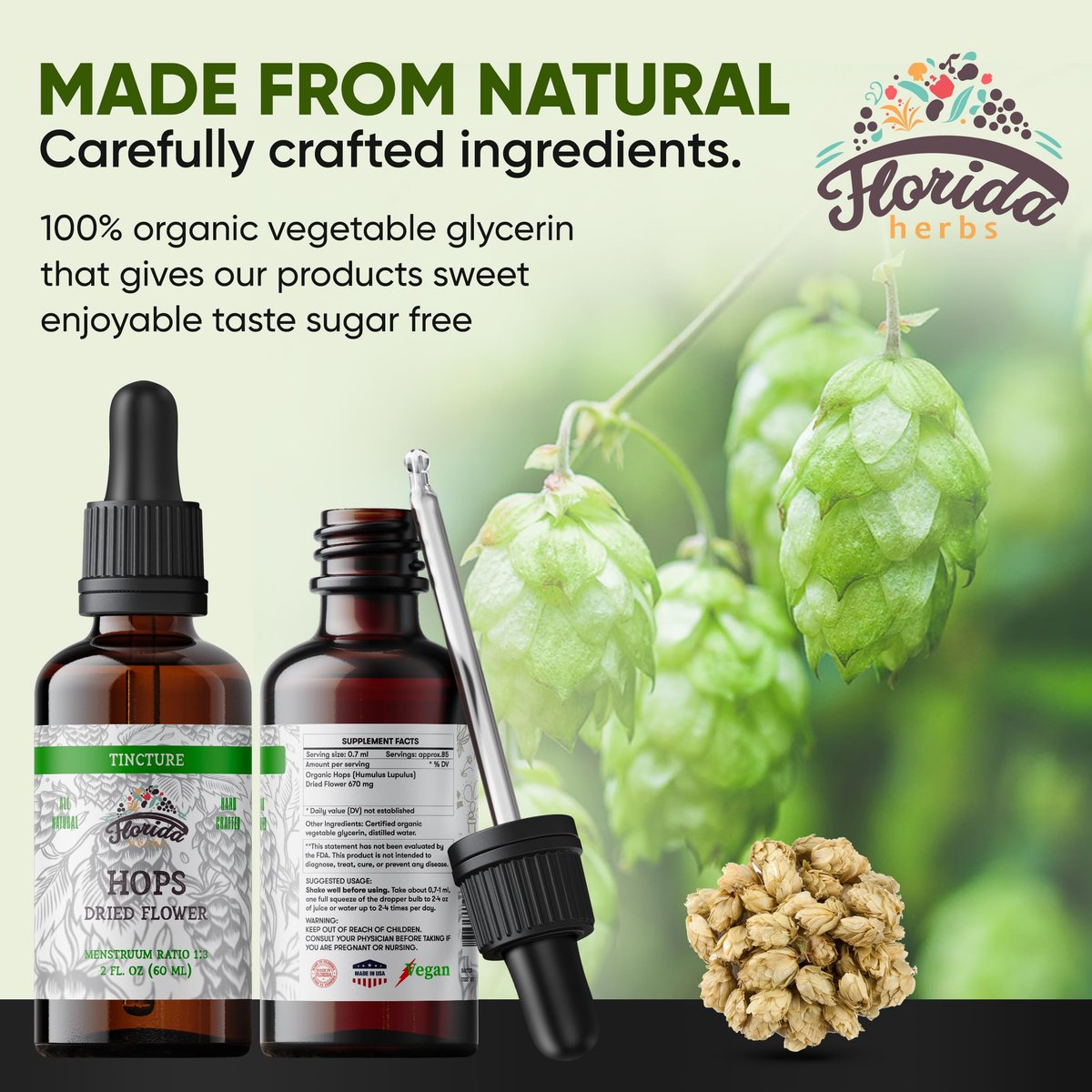 FLORIDA HERBS Hopfen Tinktur, Bio Hopfenextrakt Tropfen (Humulus Lupulus) aus getrockneten Blüten - Non-GMO 60 ml