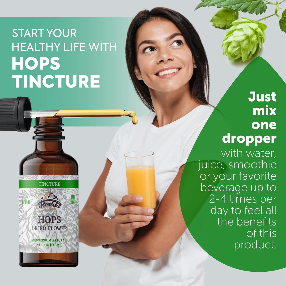 FLORIDA HERBS Hopfen Tinktur, Bio Hopfenextrakt Tropfen (Humulus Lupulus) aus getrockneten Blüten - Non-GMO 60 ml