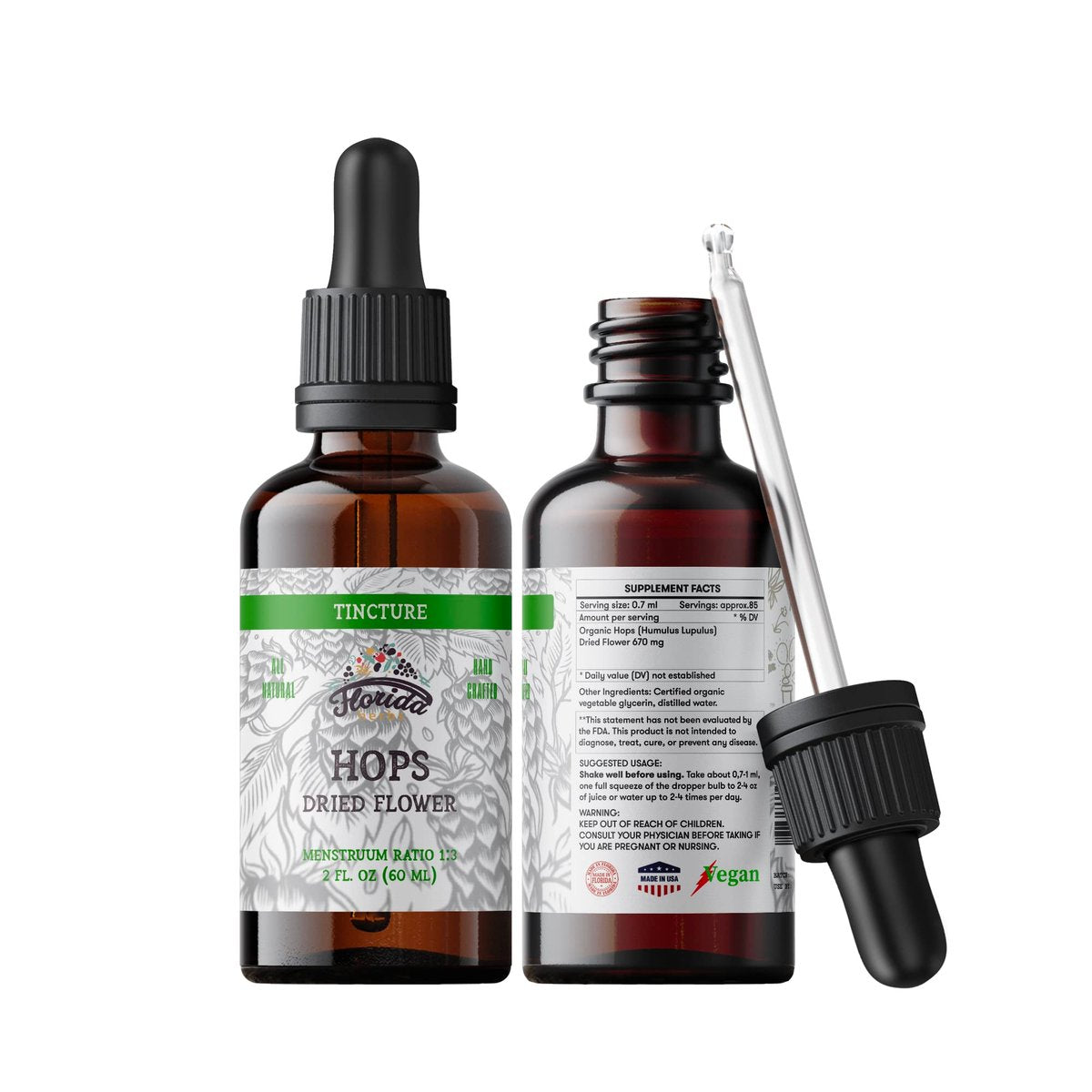 FLORIDA HERBS Hopfen Tinktur, Bio Hopfenextrakt Tropfen (Humulus Lupulus) aus getrockneten Blüten - Non-GMO 60 ml