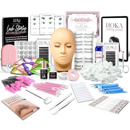 Hoka Lash Wimpernverlängerungs-Kit mit Schulungskurs und Zertifizierung – Professionelles Wimpernverlängerungs-Set für Anfänger inklusive Übungskopf, Wimperntrays, Kleber, Pinzetten, Fächer & mehr
