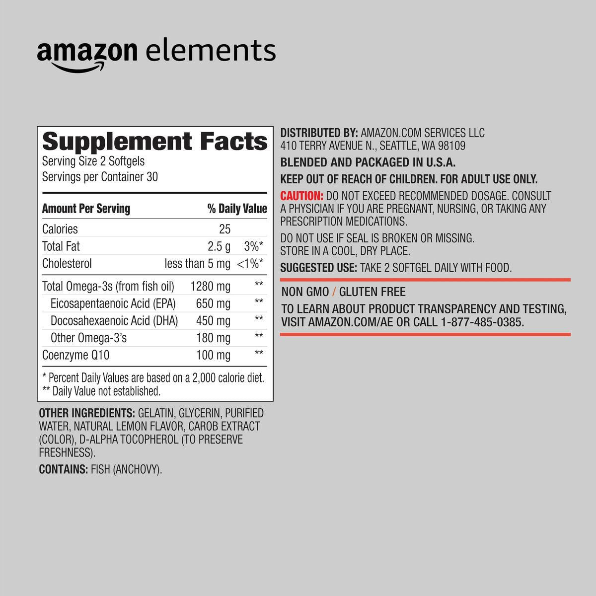 Omega 3 Fischöl + CoQ10 mit natürlichem Zitronengeschmack, wild gefangen, 1250 mg Omega-3-Fettsäuren, 60 Weichkapseln