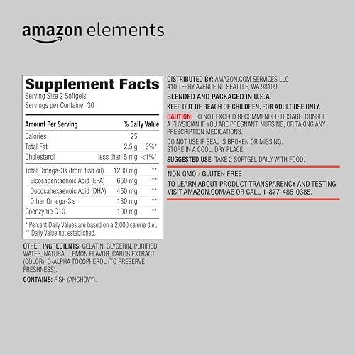Omega 3 Fischöl + CoQ10 mit natürlichem Zitronengeschmack, wild gefangen, 1250 mg Omega-3-Fettsäuren, 60 Weichkapseln