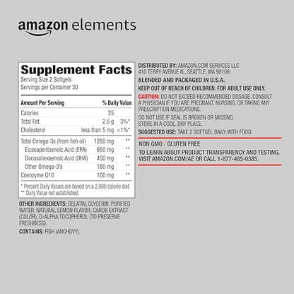 Omega 3 Fischöl + CoQ10 mit natürlichem Zitronengeschmack, wild gefangen, 1250 mg Omega-3-Fettsäuren, 60 Weichkapseln