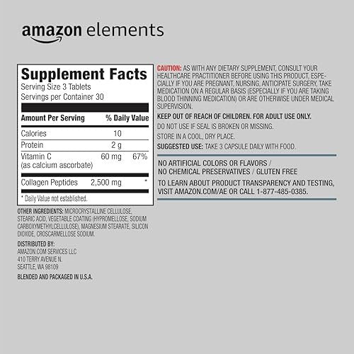 Kollagen Peptide + Vitamin C, 2500 mg Kollagen, Glutenfrei, 90 Tabletten, 1 Monatsvorrat