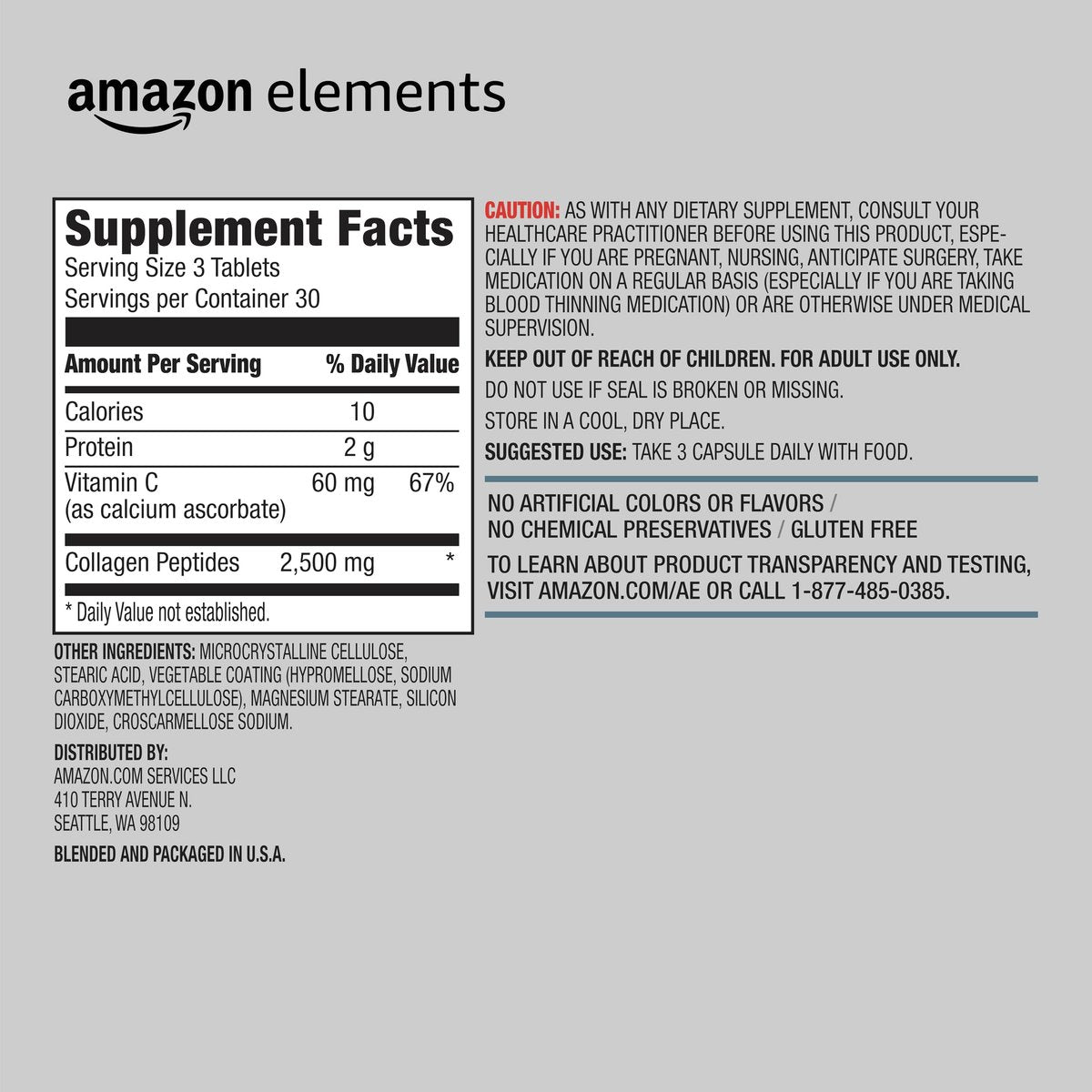 Kollagen Peptide + Vitamin C, 2500 mg Kollagen, Glutenfrei, 90 Tabletten, 1 Monatsvorrat