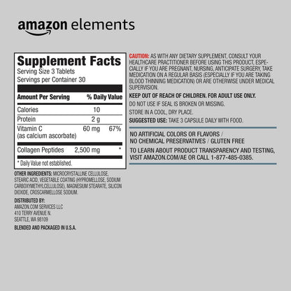 Kollagen Peptide + Vitamin C, 2500 mg Kollagen, Glutenfrei, 90 Tabletten, 1 Monatsvorrat