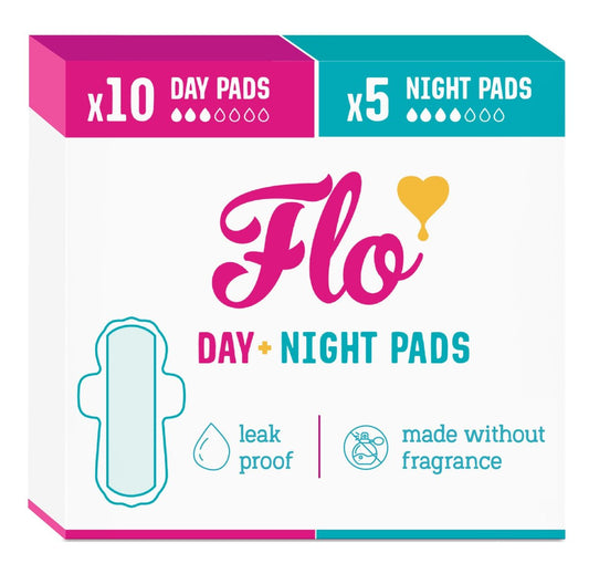 Flo Day + Night Menstruelle Binden (10 Tag + 5 Nacht) – 15 Stück, Organische Bambus Periodenbinden für Frauen, geflügelt, extra dünn, saugfähig, weich & atmungsaktiv, pflanzlich, vegan & tierversuchsfrei