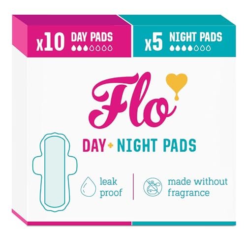 Flo Day + Night Menstruelle Binden (10 Tag + 5 Nacht) – 15 Stück, Organische Bambus Periodenbinden für Frauen, geflügelt, extra dünn, saugfähig, weich & atmungsaktiv, pflanzlich, vegan & tierversuchsfrei