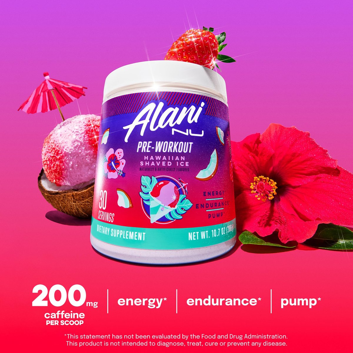 Alani Nu Pre Workout Pulver Hawaiian Shaved ICE – Energie-Booster, Aminosäuren, Ausdauer-Supplement, Zuckerfrei, 200 mg Koffein, L-Theanin, Beta-Alanin, L-Citrullin, 30 Portionen