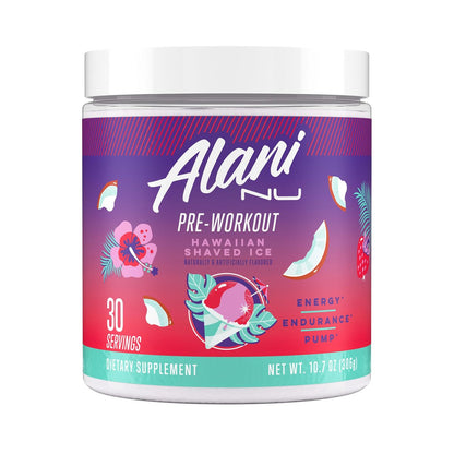 Alani Nu Pre Workout Pulver Hawaiian Shaved ICE – Energie-Booster, Aminosäuren, Ausdauer-Supplement, Zuckerfrei, 200 mg Koffein, L-Theanin, Beta-Alanin, L-Citrullin, 30 Portionen