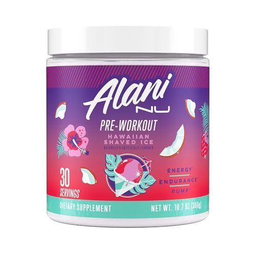 Alani Nu Pre Workout Pulver Hawaiian Shaved ICE – Energie-Booster, Aminosäuren, Ausdauer-Supplement, Zuckerfrei, 200 mg Koffein, L-Theanin, Beta-Alanin, L-Citrullin, 30 Portionen