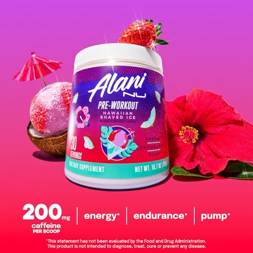 Alani Nu Pre Workout Pulver Hawaiian Shaved ICE – Energie-Booster, Aminosäuren, Ausdauer-Supplement, Zuckerfrei, 200 mg Koffein, L-Theanin, Beta-Alanin, L-Citrullin, 30 Portionen