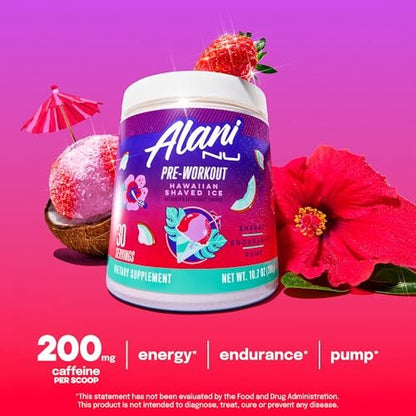 Alani Nu Pre Workout Pulver Hawaiian Shaved ICE – Energie-Booster, Aminosäuren, Ausdauer-Supplement, Zuckerfrei, 200 mg Koffein, L-Theanin, Beta-Alanin, L-Citrullin, 30 Portionen