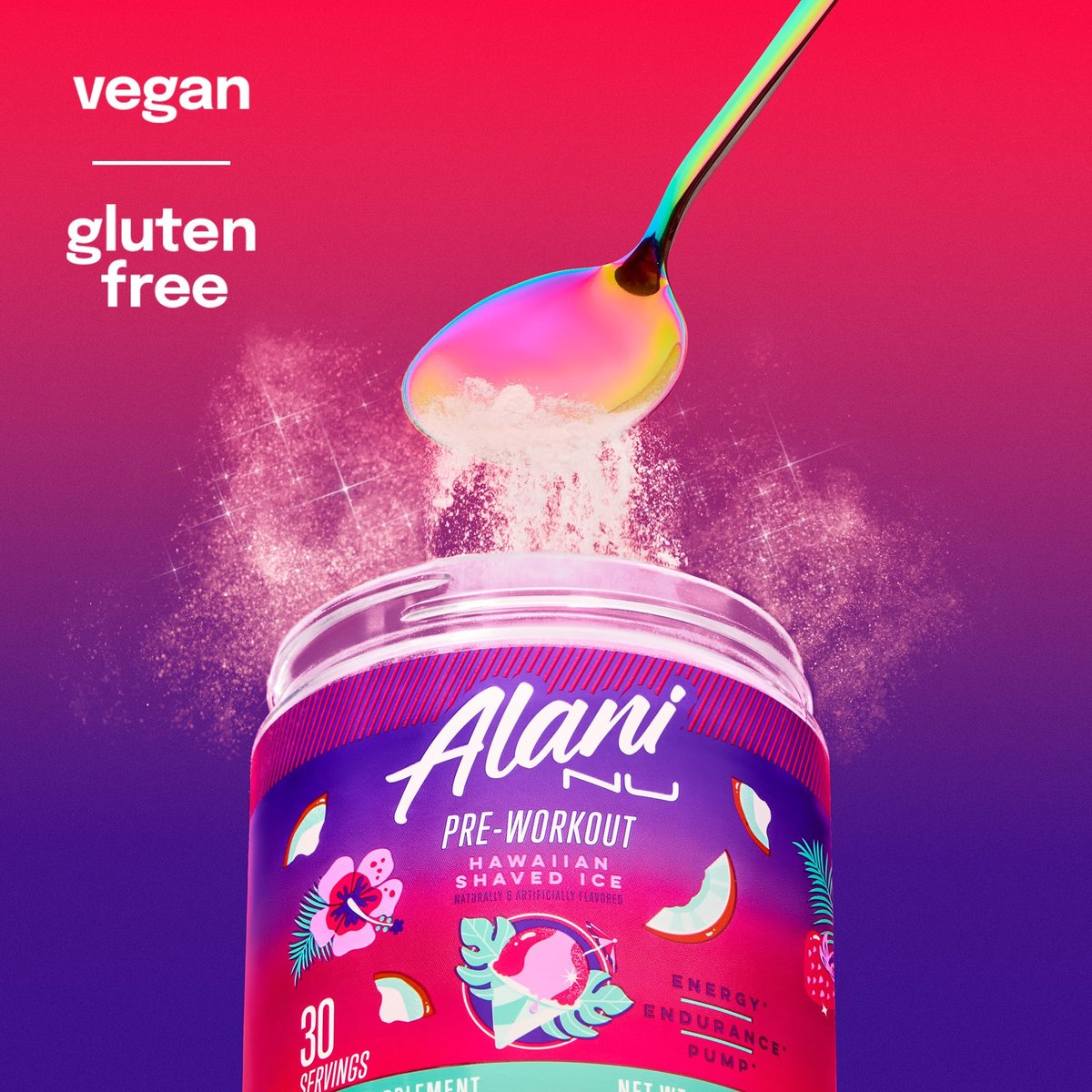 Alani Nu Pre Workout Pulver Hawaiian Shaved ICE – Energie-Booster, Aminosäuren, Ausdauer-Supplement, Zuckerfrei, 200 mg Koffein, L-Theanin, Beta-Alanin, L-Citrullin, 30 Portionen