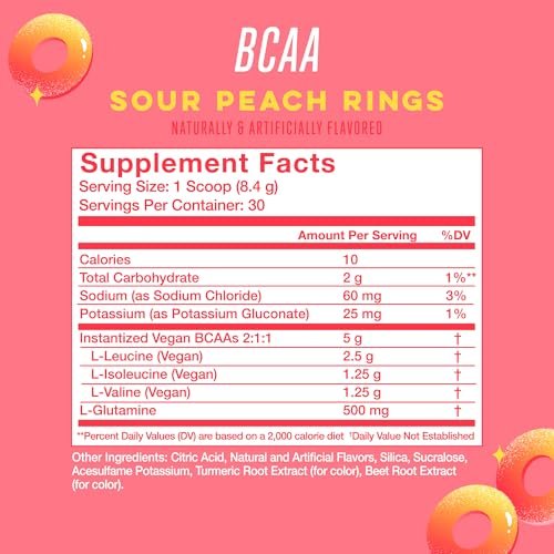 Alani Nu BCAA Sour Peach Ring – Verzweigtkettige essentielle Aminosäuren in 2:1:1 Formel | Pulver zur Muskelregeneration nach dem Training | 30 Portionen